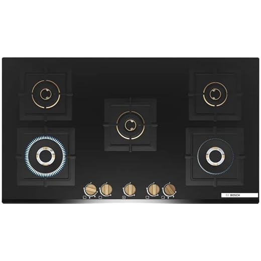 Bosch Built in Gas Hob Black Tempered glass Glass 5 Burner Auto Ignition 90 cm Full Brass 3D Ring Burners with Matt Black Heat Shields & Cast Iron pan supports (PNV9B6G20I)