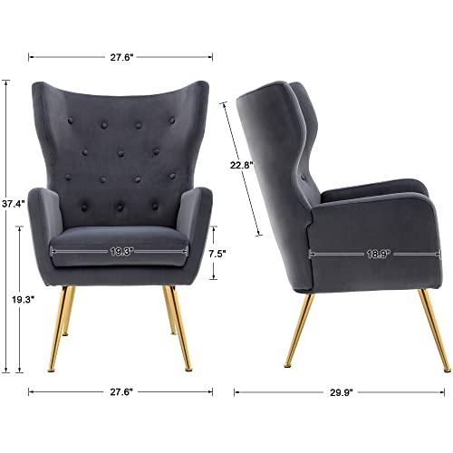 Guyou Modern Velvet Accent Chairs Set Of 2, Tufted Button High Wingback Armchair Comfy Upholstered Lounge Side Chair With Gold Legs For Living Room Bedroom Apartment Waiting Room(Grey) #TOP2