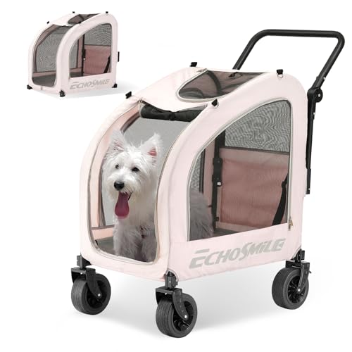 EchoSmile Passeggino per Cani di Piccola e Media 20 kg, Carrozzina per Cani Pieghevole Adatto a Tutti i Terreni con Doppi Freni, Cinture di Sicurezza per Auto e Finestrini in Rete, Rosa