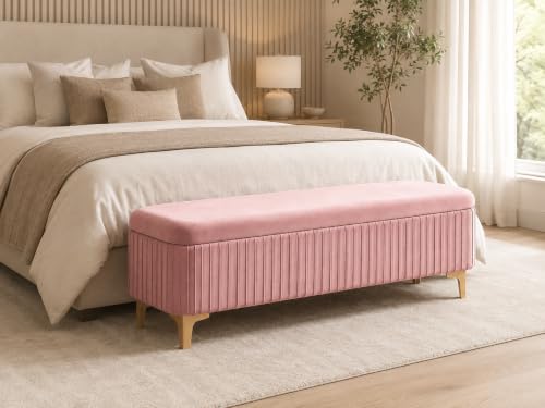 Image of LEGACY OF COMFORT Qwen Velvet Upholstered Flip Top Storage Bench 2 Seater Sofa Upholstered Ottoman Bench with Storage for Living Room, Bedroom (Pink)