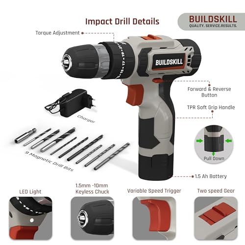Image of BUILDSKILL 69 Pcs | 12V Cordless Drill Machine Tool Kit 10MM Keyless Chuck,Copper Armature, 3M Auto Measuring Tape, CRV Bits, TPR Screwdriver | Home Tools Box Kit with Drill Machine (6 Month Warranty)