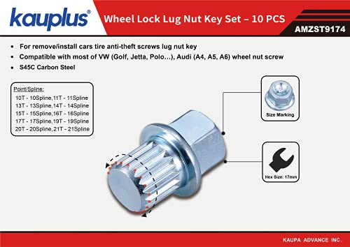 Kauplus 10PCS Lug Nuts, Wheel Lock Key- Anti Theft Wheel Lock Key Set for Cars Wheel Tire Nut Screw Removal