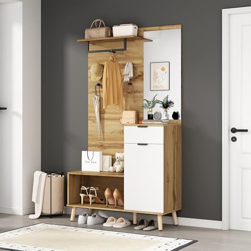 Pawom Juego de perchero de madera de 190 cm con espejo, zapatero, cajón, estante y perchero, diseño moderno con bisagras hidráulicas y práctico espacio de almacenamiento para el pasillo
