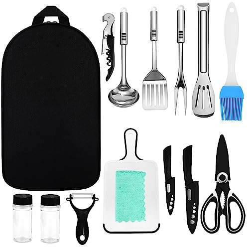 Portable Camping Cooking Utensils Set – 15Pcs Stainless Steel Outdoor Camping Kitchen Utensils Organizer Kit for Travel, Picnics, RVs, BBQs, Hiking