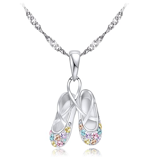 925 Sterling Silver Dance Recital Gifts for Girls Ballerina Necklace Jewelry Cubic Zirconia Ballet Slippers Shoes Necklace for Women Teen Little Girl & Dancer 18"