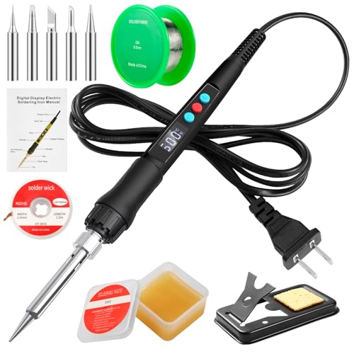 Soldering Iron Kit, 100W LED Digital Solder Gun kits with Ceramic Heater, Adjustable Temperature Welding Tools with Tips, Wick Braid, Stand, Solders Wire, Sponge, Flux Paste, Black by Q-MING - Used condition - US$12.81