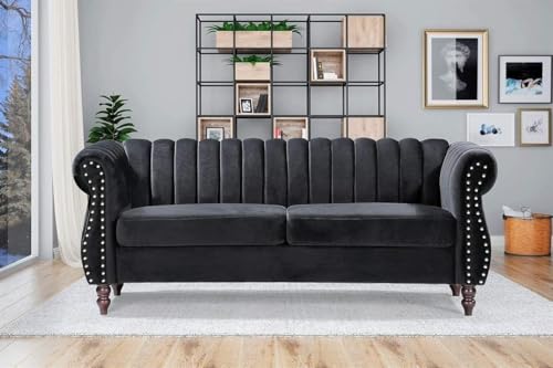 Image of Modern & Classic Chesterfield Sofa 5 Seater Sofa Velvet L-Shape Corner Sectional Button Tufted Sofa for Living Room, Dining Room, Office and Hallway-(Black).