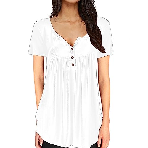 T-shirt manches courtes femme bouton mode tunique haut ample blanc coton