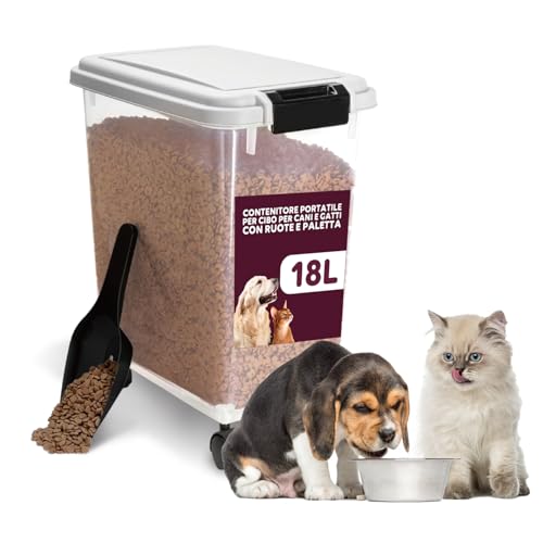 Avilia - Contenitore Crocchette Cane 18L con Coperchio Ermetico, Paletta e Ruote Rimovibili, Porta Cibo Secco per Cani e Gatti, Contenitore Salvaspazio Facile da Spostare
