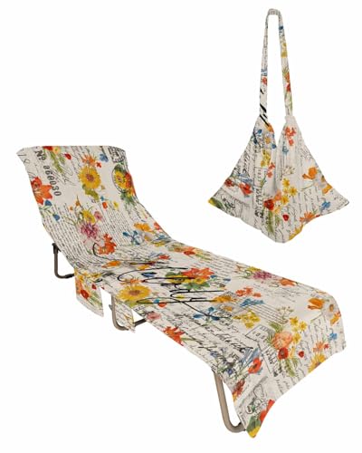 Retro Flower Beach Chair Cover with Side Pockets, Microfiber & Quick Dry Pool Chaise Lounge Chair Towels Covers for Sun Sunbathing Patio Garden Hotel, Beige Newspaper Romantic Vintage Floral