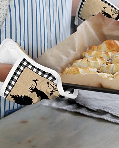 Christmas Forest Reindeer Pot Holders With Pocket For Kitchen, Heat-Resistant Potholders Set Of 2, Hot Pads Oven Mitts With Hanging Loops For Home Cooking Baking Microwave, Xmas Tree Plaid #TOP5