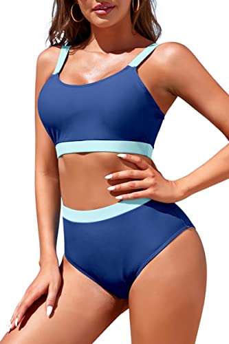 Image of Womens High Waisted Bikini Sets Sporty Crop Top Color Block Swimwear Bandeau Scoop Neck Vintage Two Piece Bathing Suits