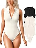OQQ Women‘s 2 Piece Bodysuits Sexy Ribbed Stretch Sleeveless Zip Front Bodysuits Black Beige