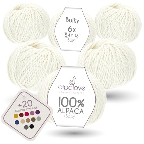 ALPALOVE Bulky Set (6 x 1.75 oz) Super Soft Baby Alpaca Knitting Yarn Ecru 328 Yards