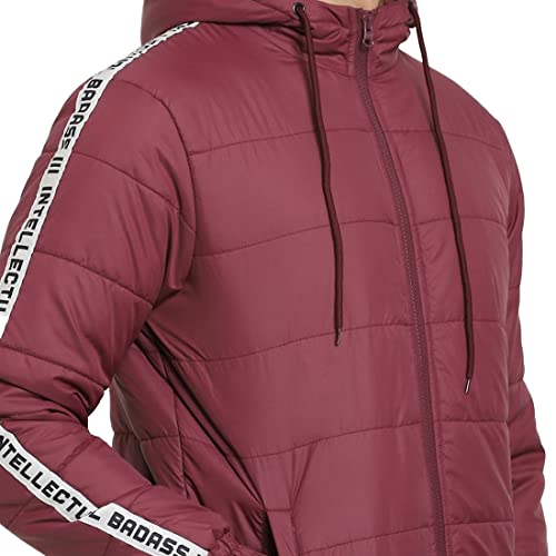 Image of Bewakoof Men's Typography Regular Fit Full Sleeve Hooded Poly Blend Puffer Jacket