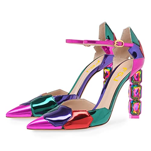 FSJ Women Shiny Crystal Heel Colorful Sandals Pointed Toe High Heel Ankle Strap Buckle Party Prom Dress Ladies Shoes Size 4-15 US2