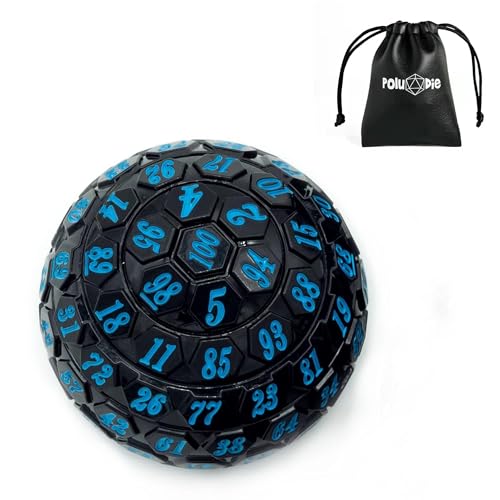 Poludie 100 Sided Polyhedral Dice, Single D100 Game Dice, 100 Sided Cube with Black Pouch, D100 die 48 mm (Black with Blue Number)