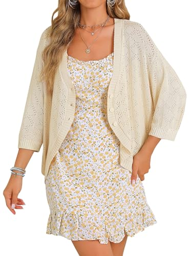 Womens 3/4 Sleeve Cardigan Bolero Shrug for Dresses Cropped Button Down Sweaters Lightweight Open Front Jacket Beige