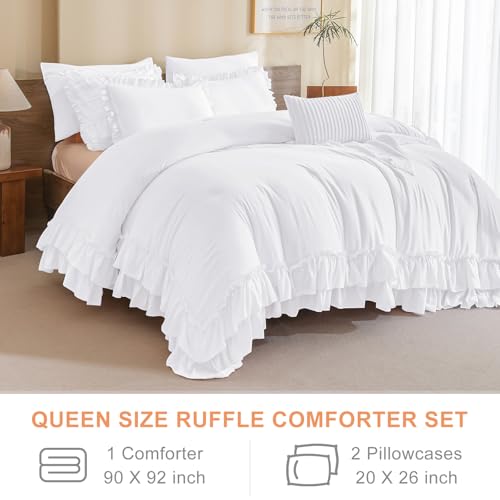 Image of QSH 3PCs Farmhouse Bright White Ruffled Comforter Queen Size,Shabby Boho Chic Ruffle Bedding Comforter Set Queen Lightweight French Country Comforter Ultra Soft Microfiber Vintage Rustic Bedding