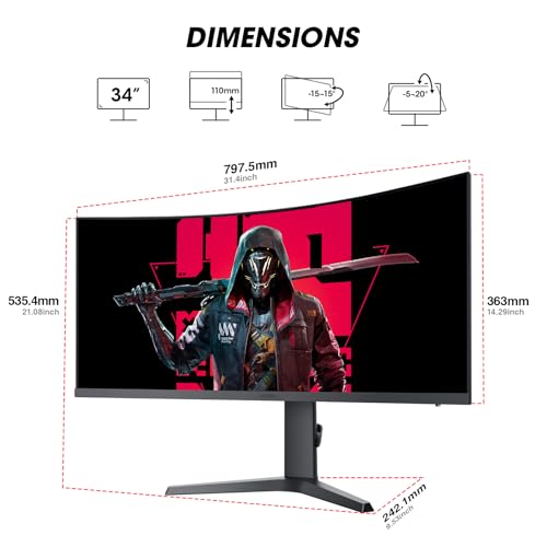 undefined KOORUI 34-inch Curved Ultrawide WQHD 3440×1440 Gaming Monitor, 165Hz 1000R- PIP/PBP, 1ms(MPRT), HDR400, DCI-P3 95%, FreeSync Premium, 1 x DP 1.4 & 2 x HDMI 2.0, Tilt Height Swivel Adjustment, 34E6UC の商品画像 8