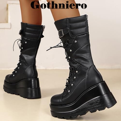 Image of Gothniero High Platform Knee Boots Chunky Heel Wedge Black Boots For Women Combat Goth Punk Motorcycle Booties Zip up With Metal Buckles Size5-11
