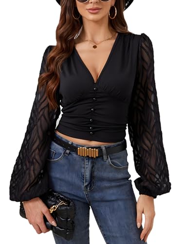 SUIUOI Damen Langarmshirt – Elegantes Mesh-Oberteil mit Spitze,Blusen V-Ausschnitt, Ballonärmel, Curvy Blusenbody, Chiffon-Shir
