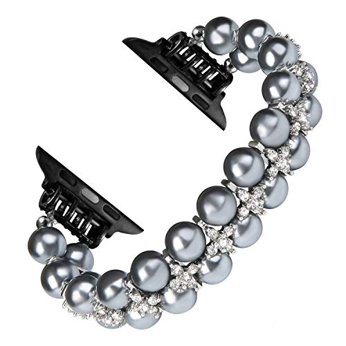 GEMEK Pearl Bracelet Compatible with Apple Watch Band 38mm 40mm iWatch Series 6/5/4/3/2/1,Handpicked Artificial Elastic Stretch Bling Diamond Jewelry Wristband Replacement Strap for Women Girls (Gray)