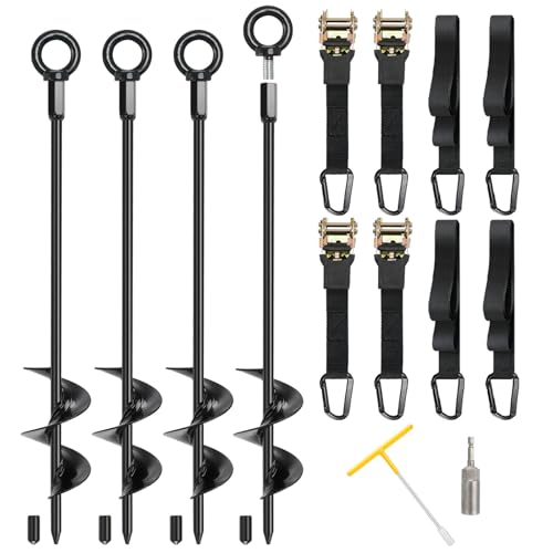 Fuuner Trampoline Anchors 4 Pack 18 RV Awning Tie Down Kit with 4 Ratchet Straps Heavy Duty Screw-in Stakes for Trampolines RV Awnings & Swing Sets