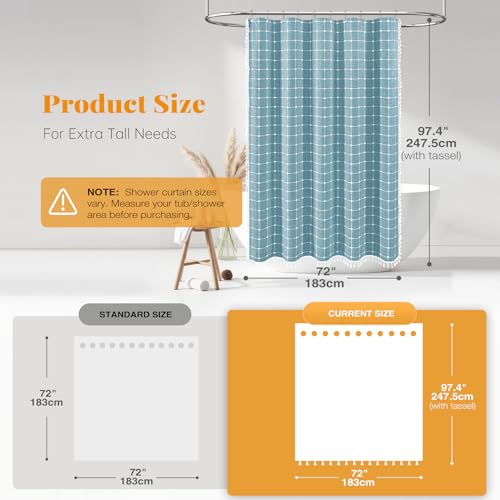 Image of BTTN Extra Long Shower Curtain, 72x96 Inch Long Boho Chic Linen Fabric Heavy Duty Shower Curtain Set with Hooks, Tall Bohemian Farmhouse Shabby Chic Cloth Shower Curtains for Bathroom - Teal /Turquoise