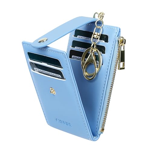 Women Leather RFID Blocking Card Holder Slim Small Zipper Keychain Front Pocket Wallet with 2 ID Window,2