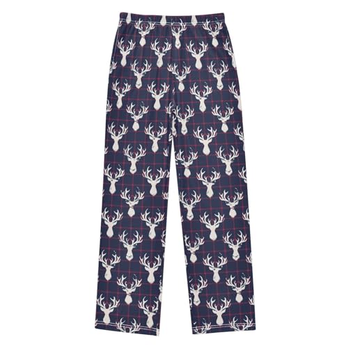 Deer Plaid Print Boys Long Pants Soft Trousers Elastic Waist Kids Lounge Bottoms with Pockets S-XL