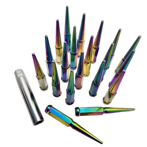 Set of 20 Spike Lug Nuts 1/2"-20, Hunting Horse 6 Inch Conical Seat Closed End One Piece Design Wheel Lug Nuts, NEO Chrome