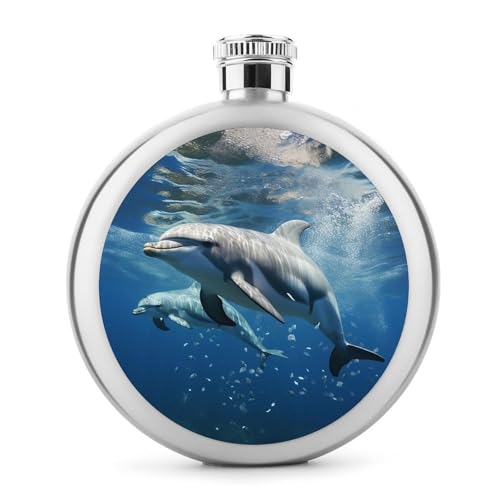 Stainless Steel Wine Bottle Liquor Container Cute Dolphins Print Leak Proof Hip Flask Durable for Camping Hiking Travel Festivals