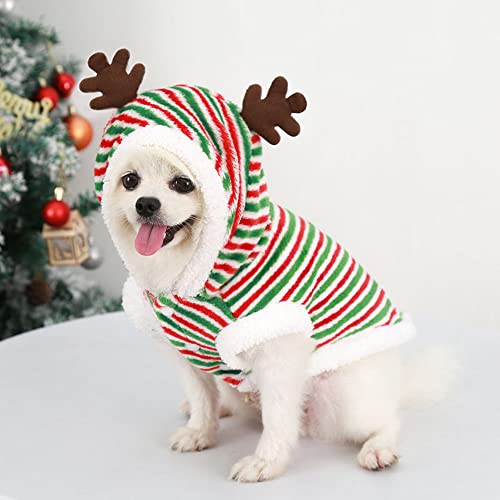Christmas Elk Sweater-Cute Antlers And Stripes Pet Costume Plush Fleece Cold Weather Warm Coat For Puppy Small Medium Large Dog (Green & Red, M) #TOP4