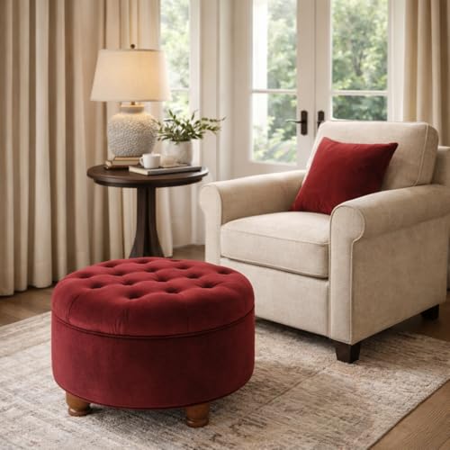 Image of Homepop Home Decor |N8264-B119 | Large Button Tufted Velvet Round Storage Ottoman | Ottoman with Storage for Living Room & Bedroom, Berry