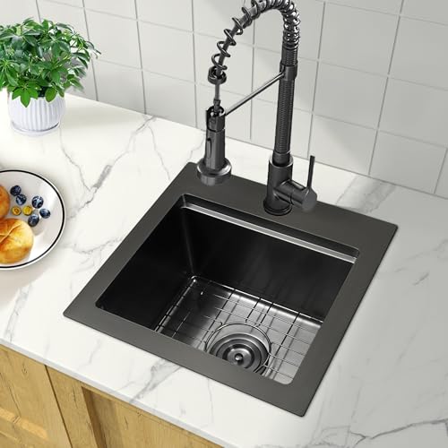 Image of Black Bar Sink 17 inch X 17 inch,Drop In /Top Mount Bar & Prep Sinks,16 Gauge Stainless Steel Small Bar Sink /RV Sink /Camping Van Sink (Black, 17 X 17 inch)