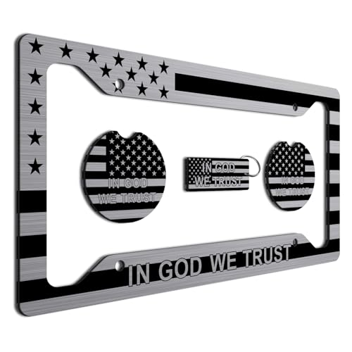 American Flag in God We Trust License Plate Frame and Keychain + Coaters Perfect for Anyone who Loves God and Country! Tactical Patriot Brush License Plate Frame Made in The USA