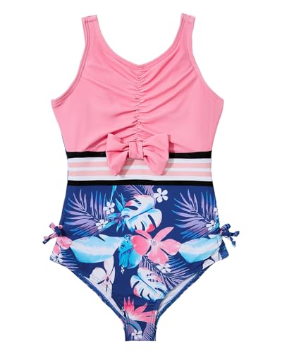 Century Star Girls Bathing Suit One Piece Swimsuit for Kids Cute Bow Striped Swimwear for 4-13 Years