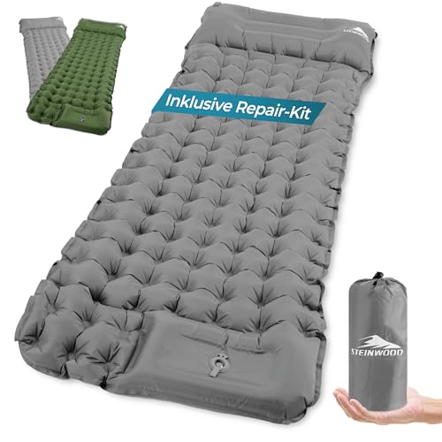 Steinwood Isomatte Outdoor, Isomatte Ultraleicht mit Reparaturset, Aufblasbare Luftmatratze - kleines Packmaß, Wetterfeste Outdoor Matratze für Wandern, Camping, Zelten & Festivals, Grau