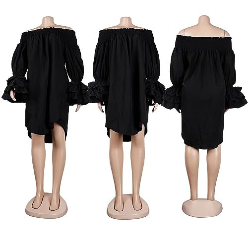 Image of WOKANSE Women's Casual Plus Size Shirred Dresses Off Shoulder Bell Sleeves Ruffle Loose Stretchy Neck Midi Dress