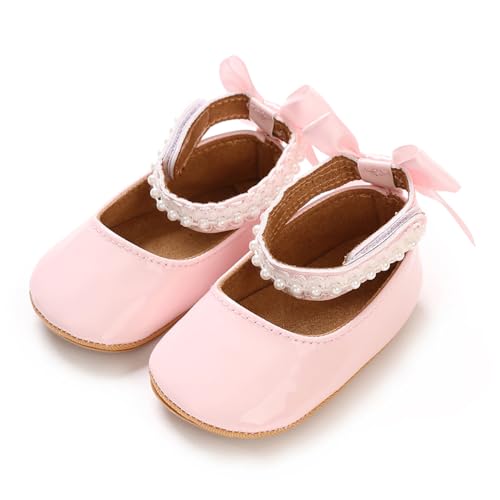 Khocadw Baby Girls Mary Jane Flats, Non Slip Soft Sole, PU Leather Bowknot Dress Shoes, Newborn Infant Toddler First Walker, 0-18 Months (05 Pink,6-12 Months)
