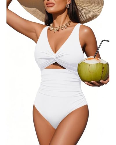 Tempt Me Women One Piece Swimsuits Tummy Control Cutout Bathing Suits Ruched V Neck Twist Front Swimwear