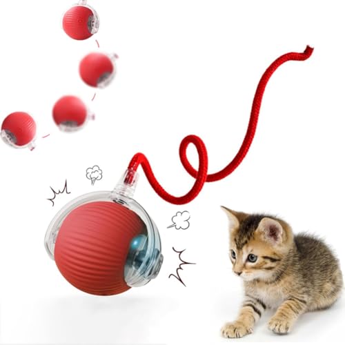 XUNNIU Palla Giochi per Cani/Gatti, Elettrici Gioco interattivo Gatto e Cane con Corda, Intelligente Pallina gatto automatica,Giocattoli per Gatti e Cani,Rosso