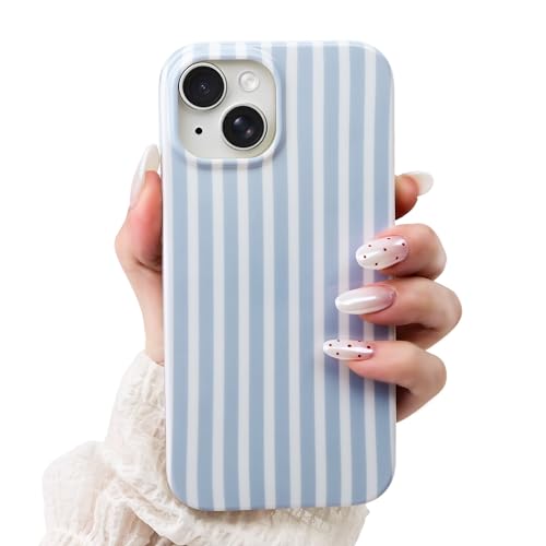 SleekCover Compatible with iPhone 15 Case Cute Aesthetic Striped Pattern Cover for Women Girls Soft TPU Shockproof Protective Stylish Kawaii Case for iPhone 15 6.1 Blue