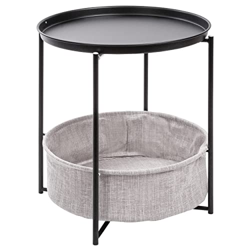 ONVAYA® Beistelltisch Linda rund | Schwarz | Couchtisch mit Korb & Tablett | aus Metall | für Wohnzimmer, Schlafzimmer, Garten | Nachttisch | Sofatisch mit Stauraum