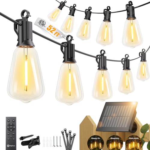 Image of Brightown 52FT Solar String Lights Outdoor Waterproof, Patio Lights with Remote and 15+1 LED Shatterproof Bulbs, Dimmable & Timable, 3 Light Modes, Solar Lights Outdoor for Yard Garden Camping Party