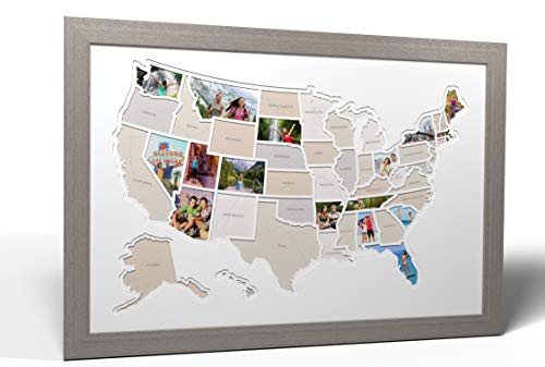 Thunder Bunny Labs 50 States USA Photo Map - Frame Optional - Made in America (White, Grey Frame)