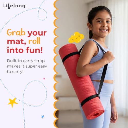Image of Lifelong Kids Yoga Mat with Carrying Strap | Non-Toxic Yoga Mat for Children Workout & Exercise | Slip-Resistant Floor Mat for Kids Fitness, Play & Meditation | Exercise Mat for Home (Red)