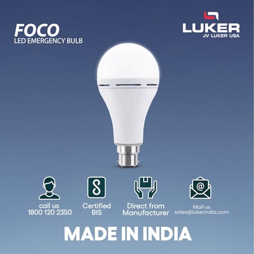 Image of LUKER JVLuker 12W Emergency LED Bulb B22 Base Energy Efficient Inverter Light 3.5 Hours Backup 120 Degree Wide Beam Coverage High CRI Lights for Home and Office 1 Year Warranty (Pack of 1, White)