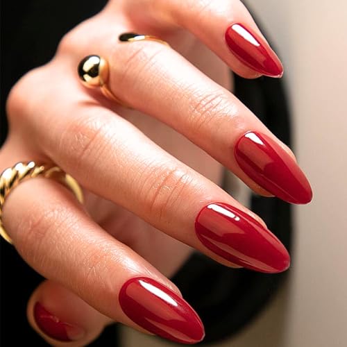 Red Press on Nails Almond - Red False Nails with Glue - Acrylic Fake Nails Medium Length Stick on Nails - Almond Nail Tips Long Lasting for Women Girls
